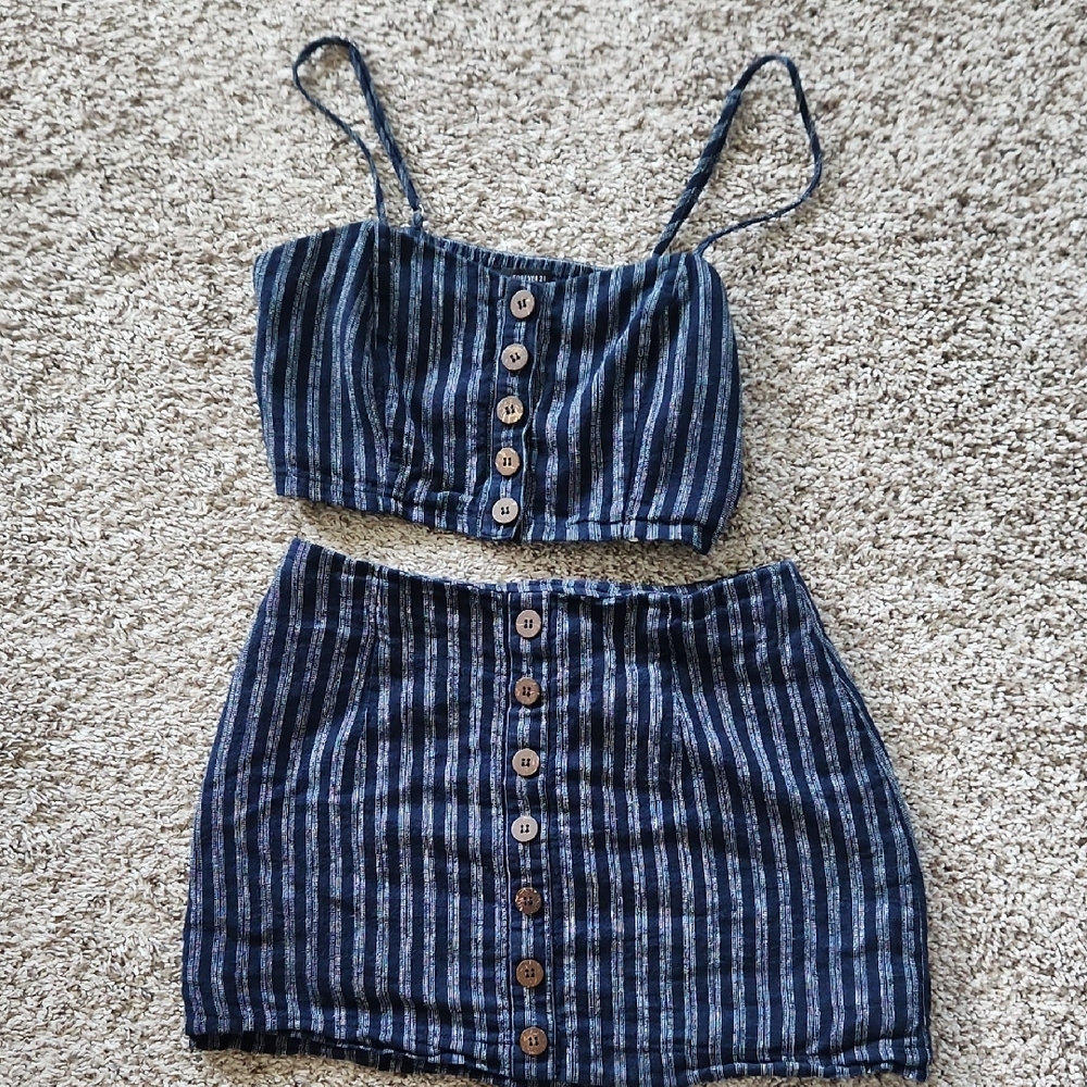 Women’s Navy Blue Striped 2PC Set Button Front Crop Top Skirt S